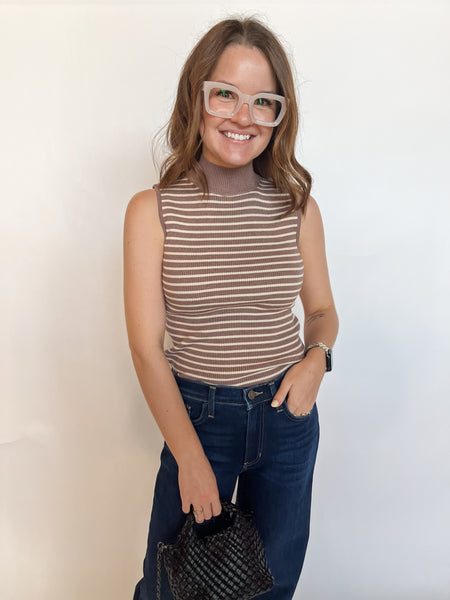Mock Neck Sleeveless Sweater Top- Mocha & Cream Stripes-K. Ellis Boutique