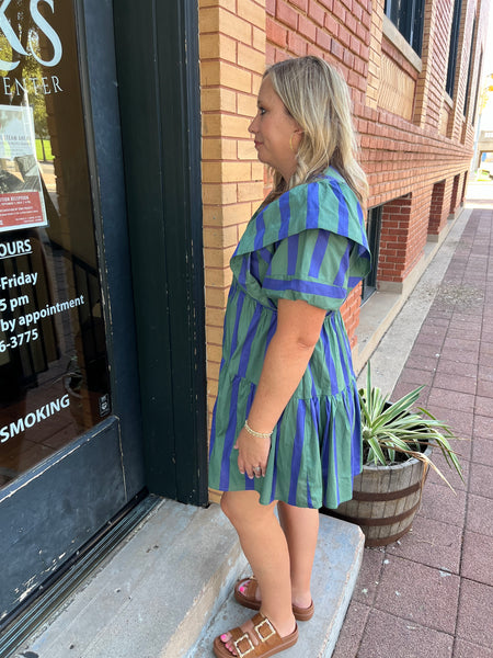 Mixed Line V-Neck Mini Dress - Green-K. Ellis Boutique