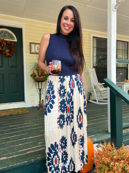 Printed Pleated Midi Dress - Navy-K. Ellis Boutique