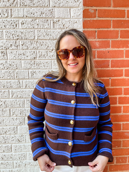 Striped Gold Button Cardigan- Brown/Blue-K. Ellis Boutique