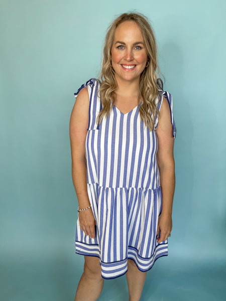 Stripe Print V-Neck Mini Dress - Blue-K. Ellis Boutique