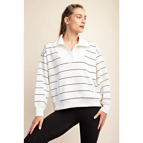 Modal Poly Span Stripe Quarter Zip Pullover- Cream/Black-K. Ellis Boutique