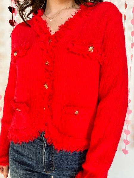 The Kym Frayed Trim Textured Cardigan- Red-K. Ellis Boutique