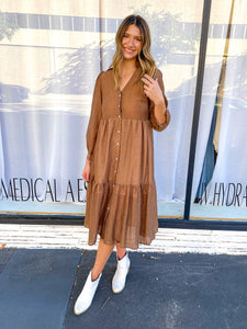 SOLID LONG SLEEVE TIERED RUFFLE MIDI DRESS - BROWN-K. Ellis Boutique