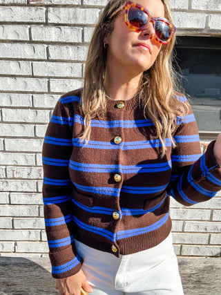 Striped Gold Button Cardigan- Brown/Blue-Cardigans-K. Ellis Boutique