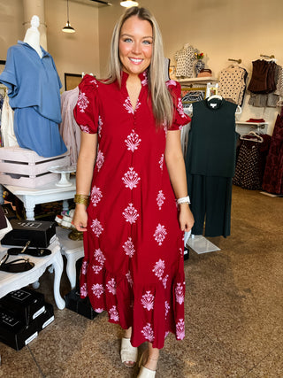 Botanical Bliss Midi Dress- Burgundy-Midi/Maxi Dress-K. Ellis Boutique