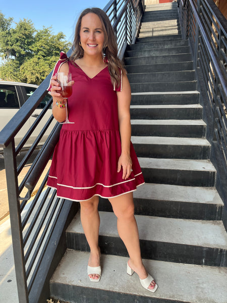 Solid V-neck Self Tie Mini Dress- Crimson-K. Ellis Boutique