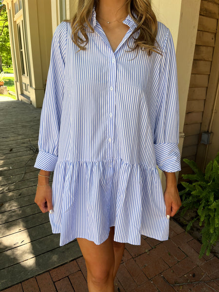 STRIPED LONG SLEEVE SHIRT DRESS- LIGHT BLUE-K. Ellis Boutique