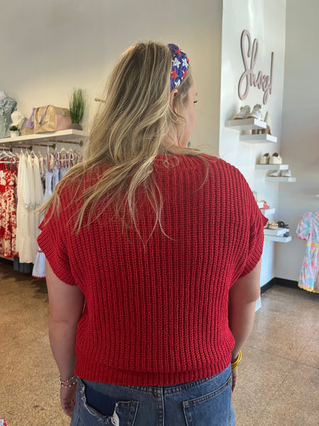 Solid Knit V-Neck Top - Red-K. Ellis Boutique