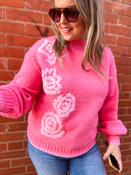 Madeline Floral Embroidery Mock Neck Sweater- Pink-K. Ellis Boutique