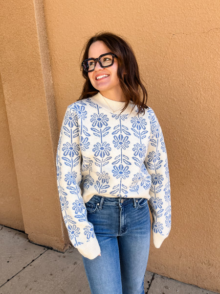 Winter Floral Blue and White Sweater-K. Ellis Boutique