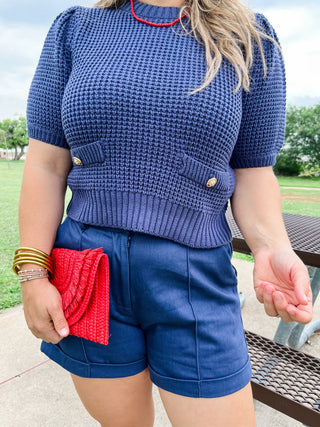 Knit Puff Sleeve Sweater Top- Navy-K. Ellis Boutique