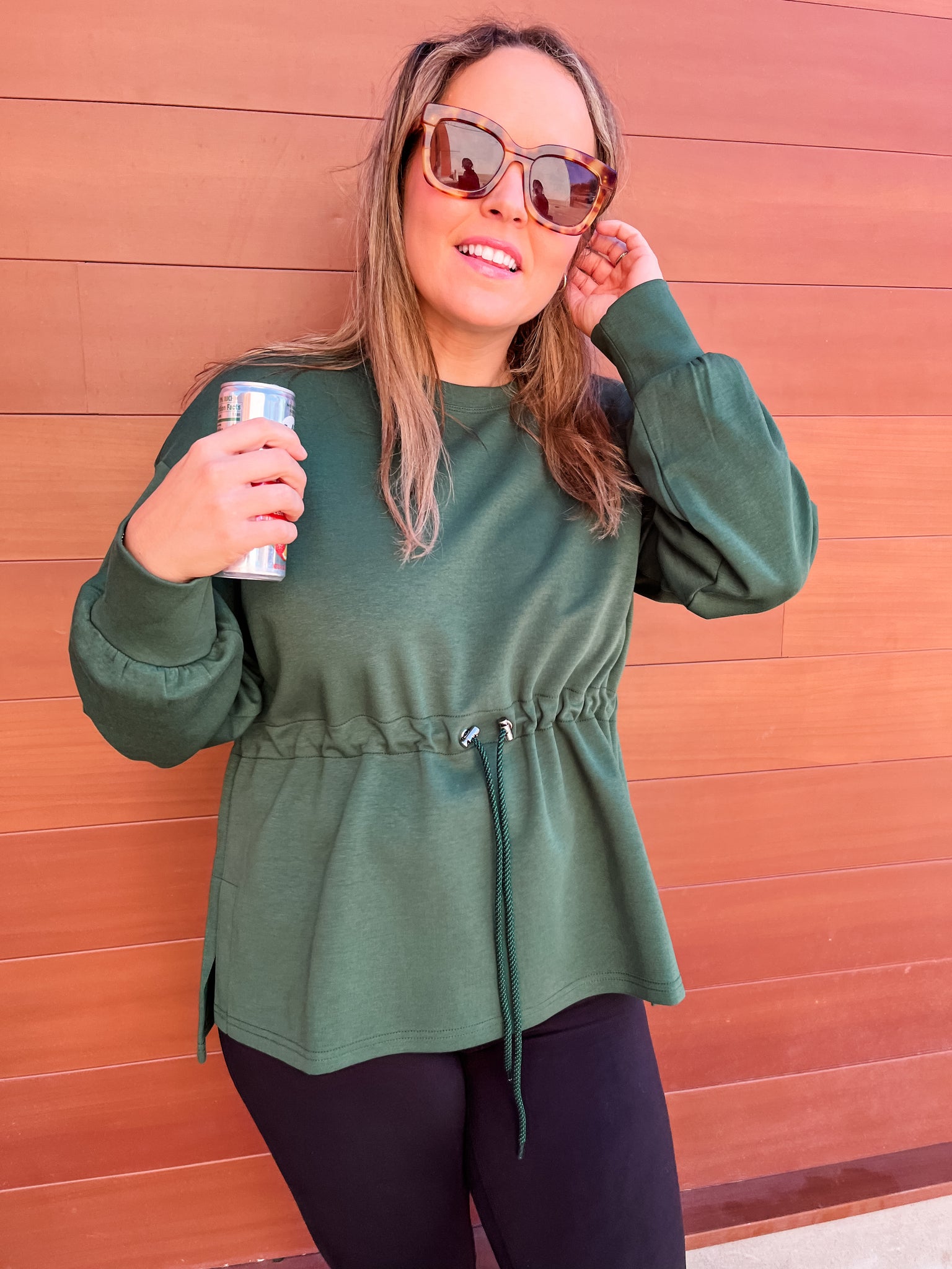 Drawstring Waist Smooth Textured Top- Hunter Green-K. Ellis Boutique