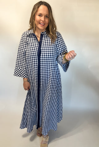 Gingham Print Collared Midi Dress- Navy-Midi/Maxi Dress-K. Ellis Boutique