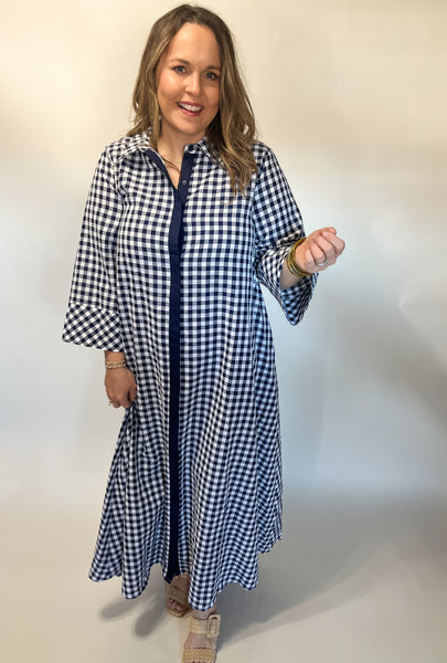 Gingham Print Collared Midi Dress- Navy-K. Ellis Boutique