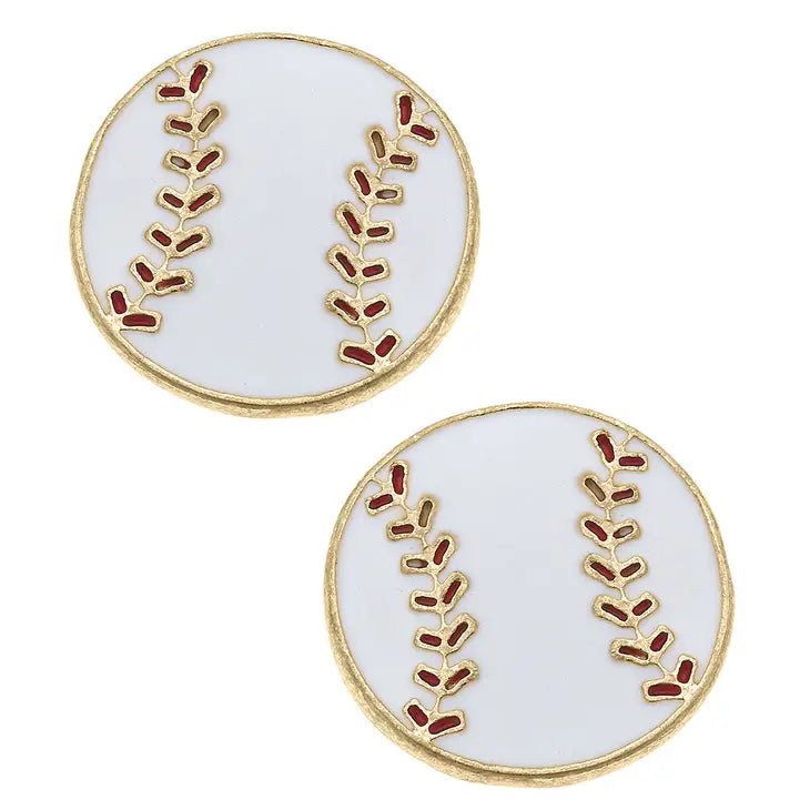 Baseball Enamel Stud Earrings - Gold/White-K. Ellis Boutique