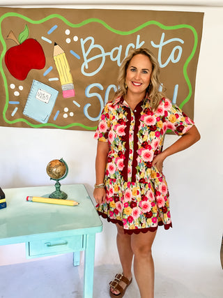 Floral Mini Dress w/ Scallop Hem- Wine-K. Ellis Boutique