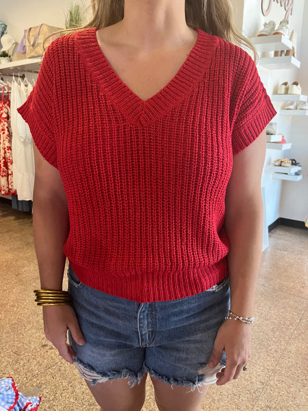 Solid Knit V-Neck Top - Red-K. Ellis Boutique