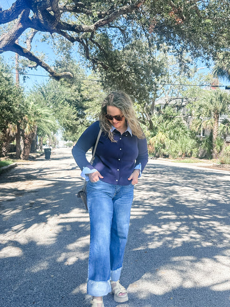 Collared Cardigan w/ Stripe Trim- Navy-K. Ellis Boutique