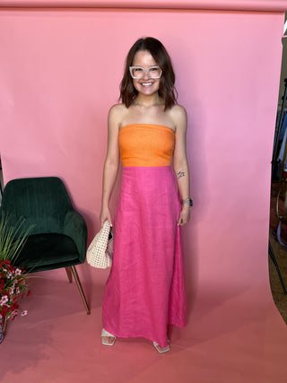 Karlie- Colorblock Linen Bustier Maxi- Pink-Midi/Maxi Dress-K. Ellis Boutique