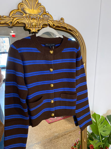 Striped Gold Button Cardigan- Brown/Blue-K. Ellis Boutique