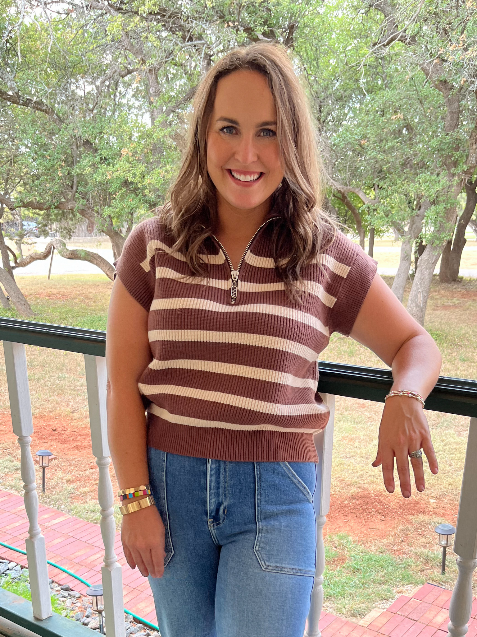 Stripe Print Short Sleeve Knit Top- Espresso-K. Ellis Boutique