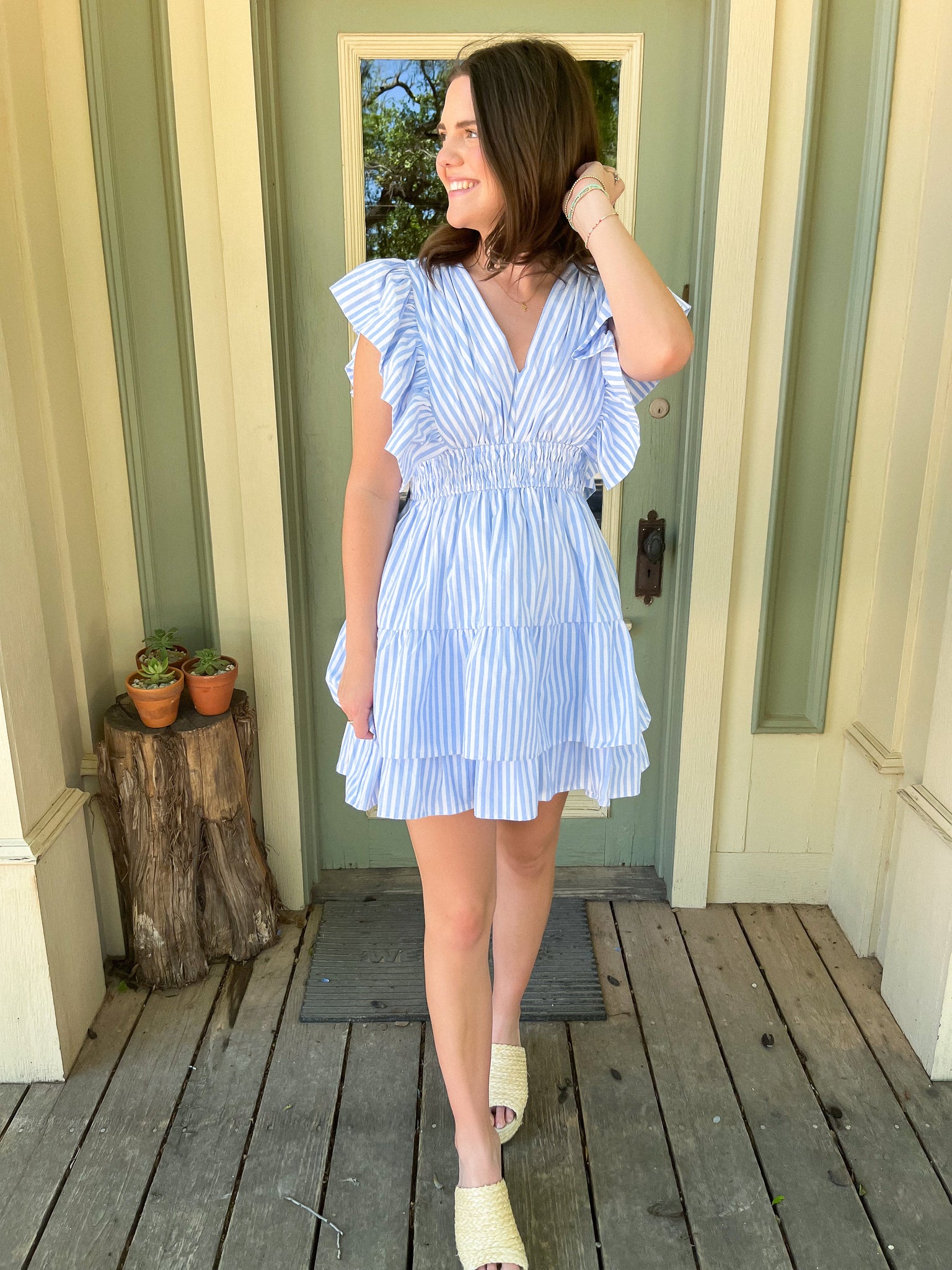 Stripe Print V-neck Mini Dress - Blue-K. Ellis Boutique