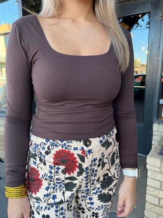 Butter Square Neck Long Sleeve- Espresso-Basic tee/Tank-K. Ellis Boutique