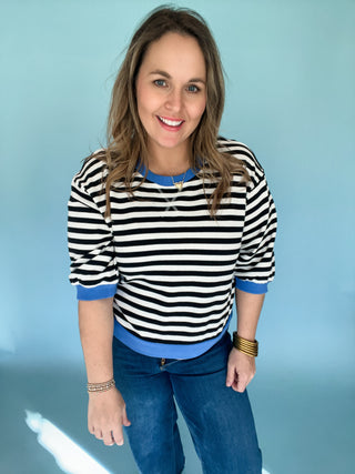 Gemma Striped Pullover- Black-Short Sleeve Top-K. Ellis Boutique