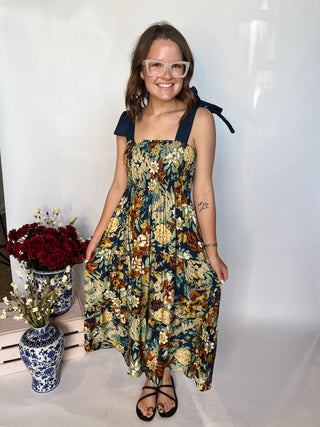 Paralia Nights Smock Midi Dress- Navy Floral-Midi/Maxi Dress-K. Ellis Boutique