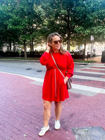 Drawstring Waist Long Sleeve Mini- Red-K. Ellis Boutique