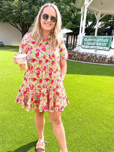 Floral Print Short Sleeve Mini Dress- Chartreuse-K. Ellis Boutique