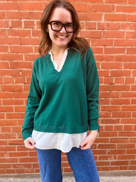 V-neck Knit Woven Combo Top- Pine Green-K. Ellis Boutique