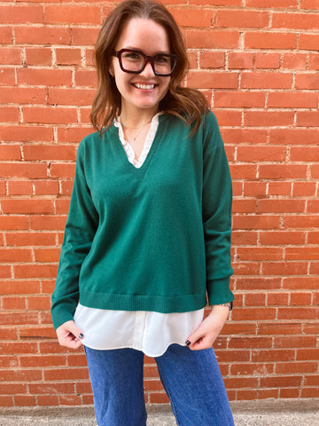 V-neck Knit Woven Combo Top- Pine Green-K. Ellis Boutique