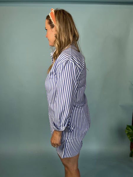 STRIPED LONG SLEEVE SHIRT AND SHORTS SET- BLUE-K. Ellis Boutique