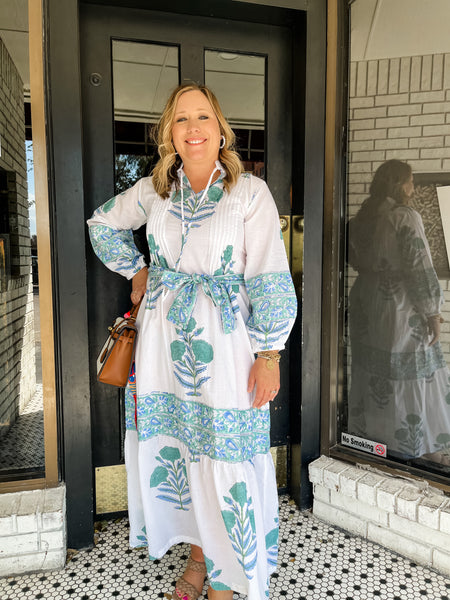 Floral Print Long Sleeve Tiered Midi Dress- White-Block Print-K. Ellis Boutique