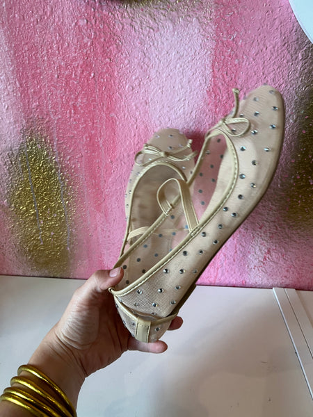 Ribbon Decor Sheer Mesh Mary Jane Flats- Beige-K. Ellis Boutique