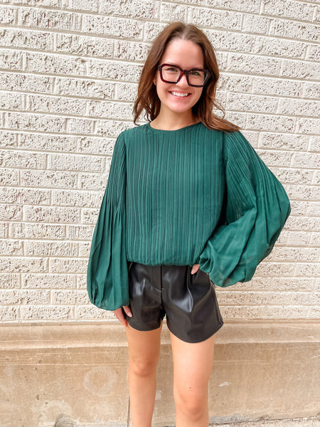 Pleated Woven Top- Pine Green-K. Ellis Boutique