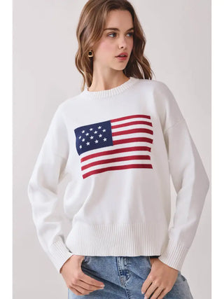 American Flag Knit Pullover- White-Sweater-K. Ellis Boutique