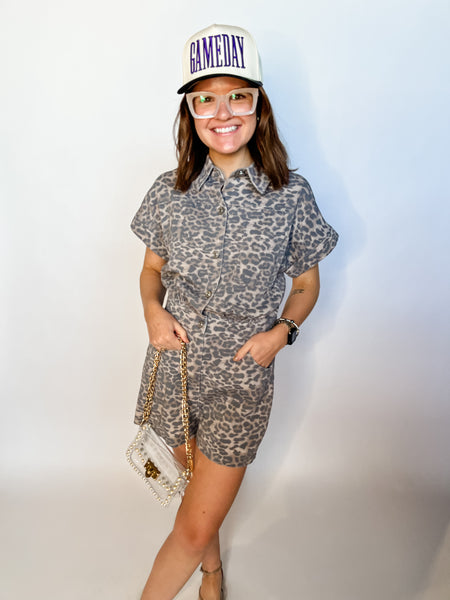 Leopard Print Button Down Romper - Mocha-K. Ellis Boutique