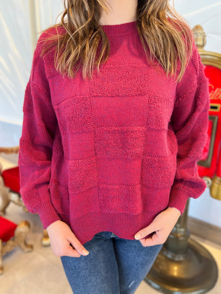 Textured Checkered Sweater- Magenta-K. Ellis Boutique