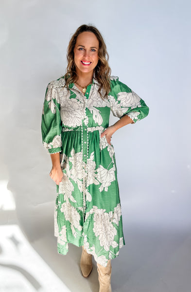 Floral Print Button Up Midi Dress- Green-K. Ellis Boutique