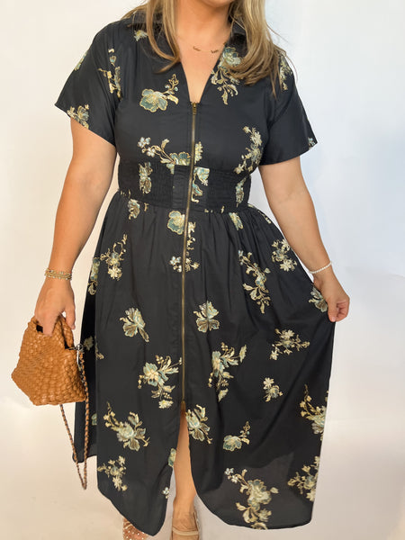 Paisley Zip Front Midi- Black-K. Ellis Boutique