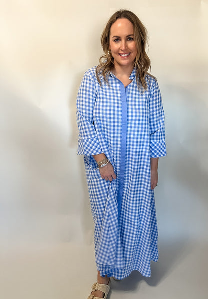 Gingham Print Collared Midi Dress- Blue-K. Ellis Boutique