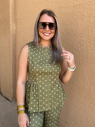 Olive Dot Peplum Top-Sleeveless Top-K. Ellis Boutique