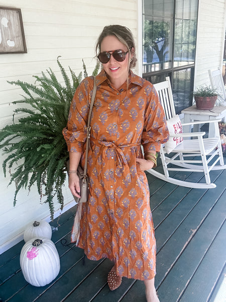 Emily Block Print Midi Dress- Brown Print-K. Ellis Boutique