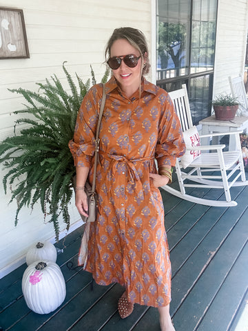 Emily Block Print Midi Dress- Brown Print-K. Ellis Boutique