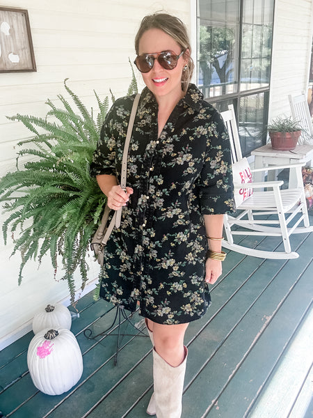 Floral Print Cotton Dress- Black Floral-K. Ellis Boutique