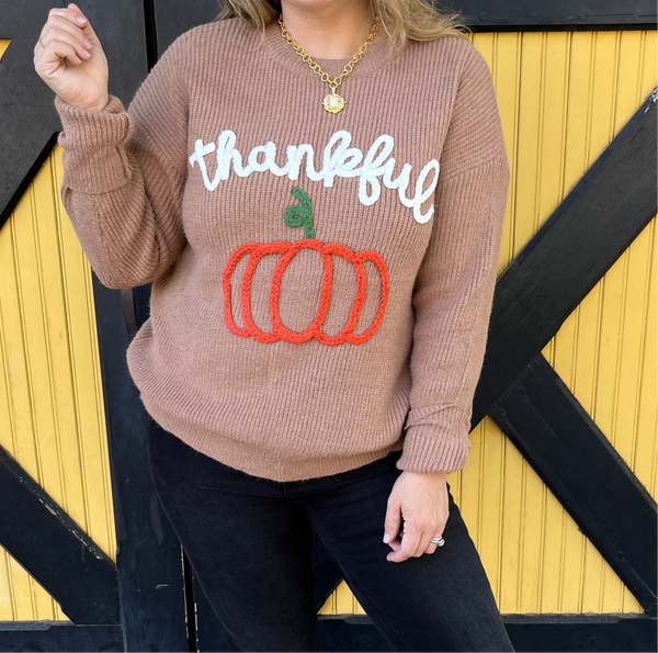 Thankful Pumpkin 3D Embroidered Sweater- Dusty Brown-K. Ellis Boutique