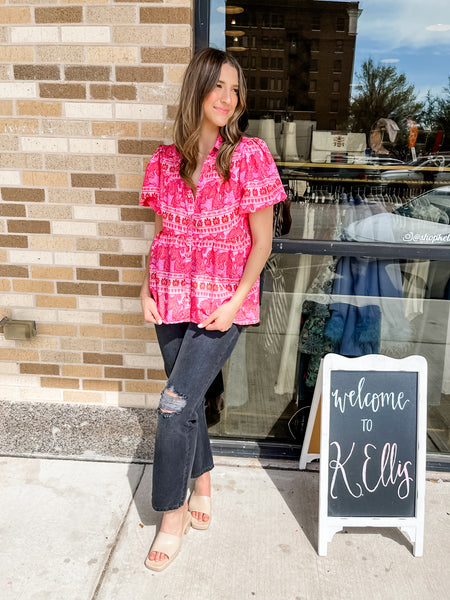Mixed Print Tiered Button Down Top - Hot Pink-K. Ellis Boutique